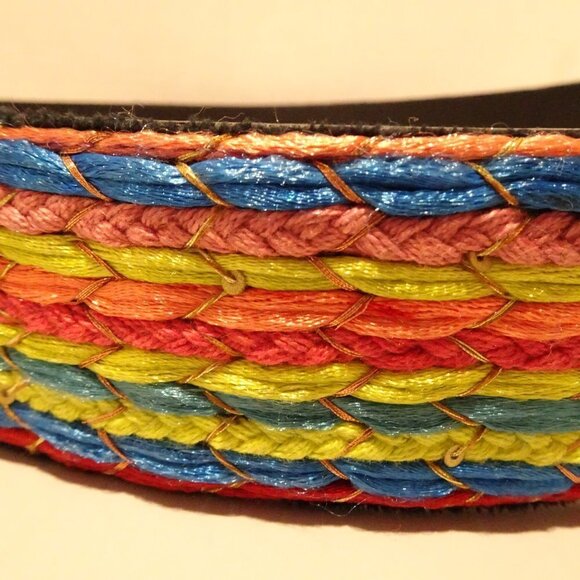 Chicos Belt Size M Black Leather Multicolored Braided Boho Metallic Thread - Picture 4 of 5
